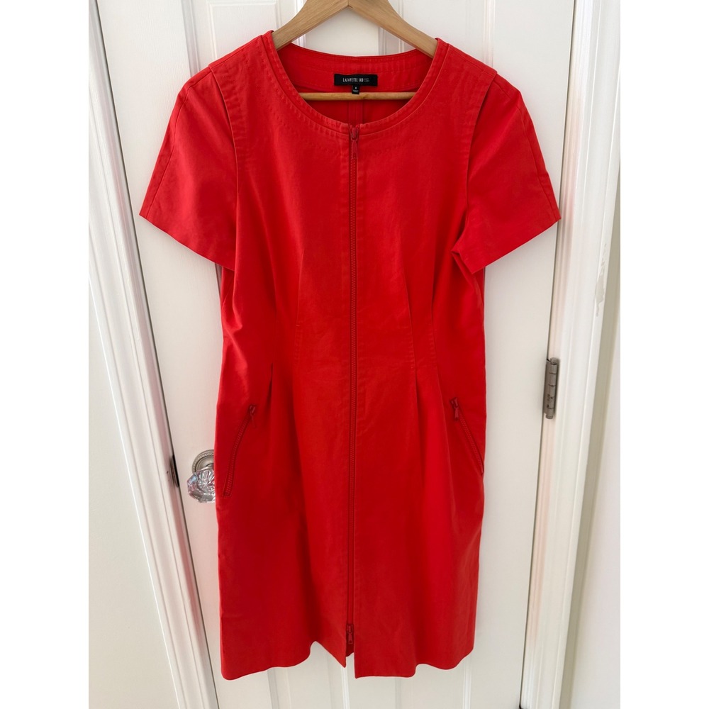 Lafayette 148 New‎ York Coral Cotton Zip Front Sheath Dress Size 6 Short Sleeve